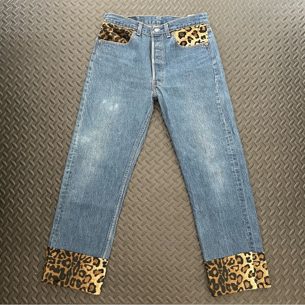 Levi’s 501 xx red letters sz 33 Leopard Patchwork Blue Jeans